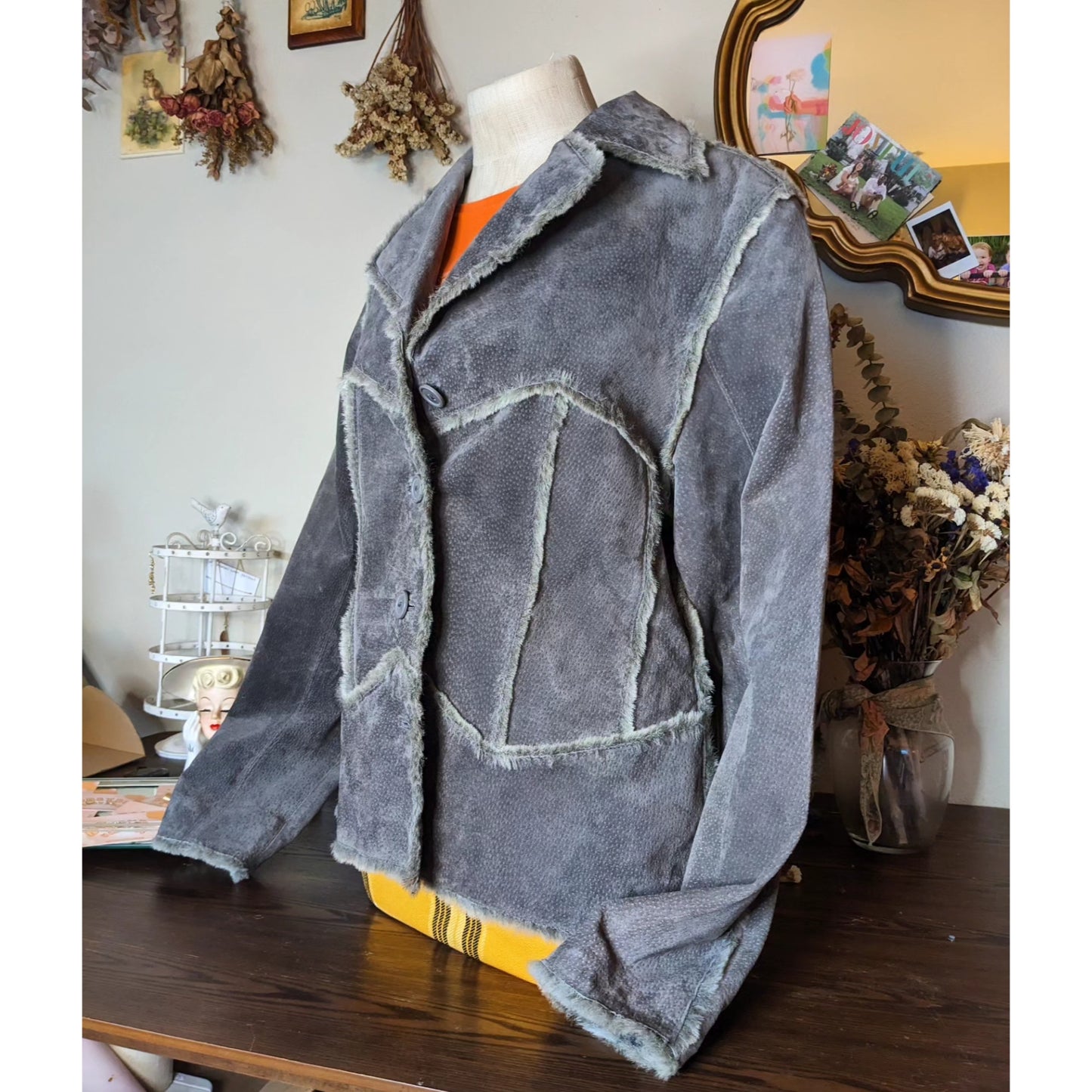 B. Lucid Grey Suede Patchwork Jacket