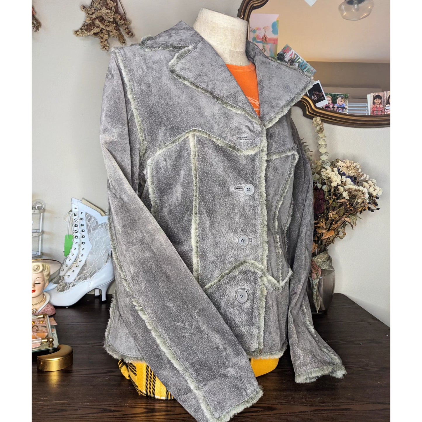 B. Lucid Grey Suede Patchwork Jacket