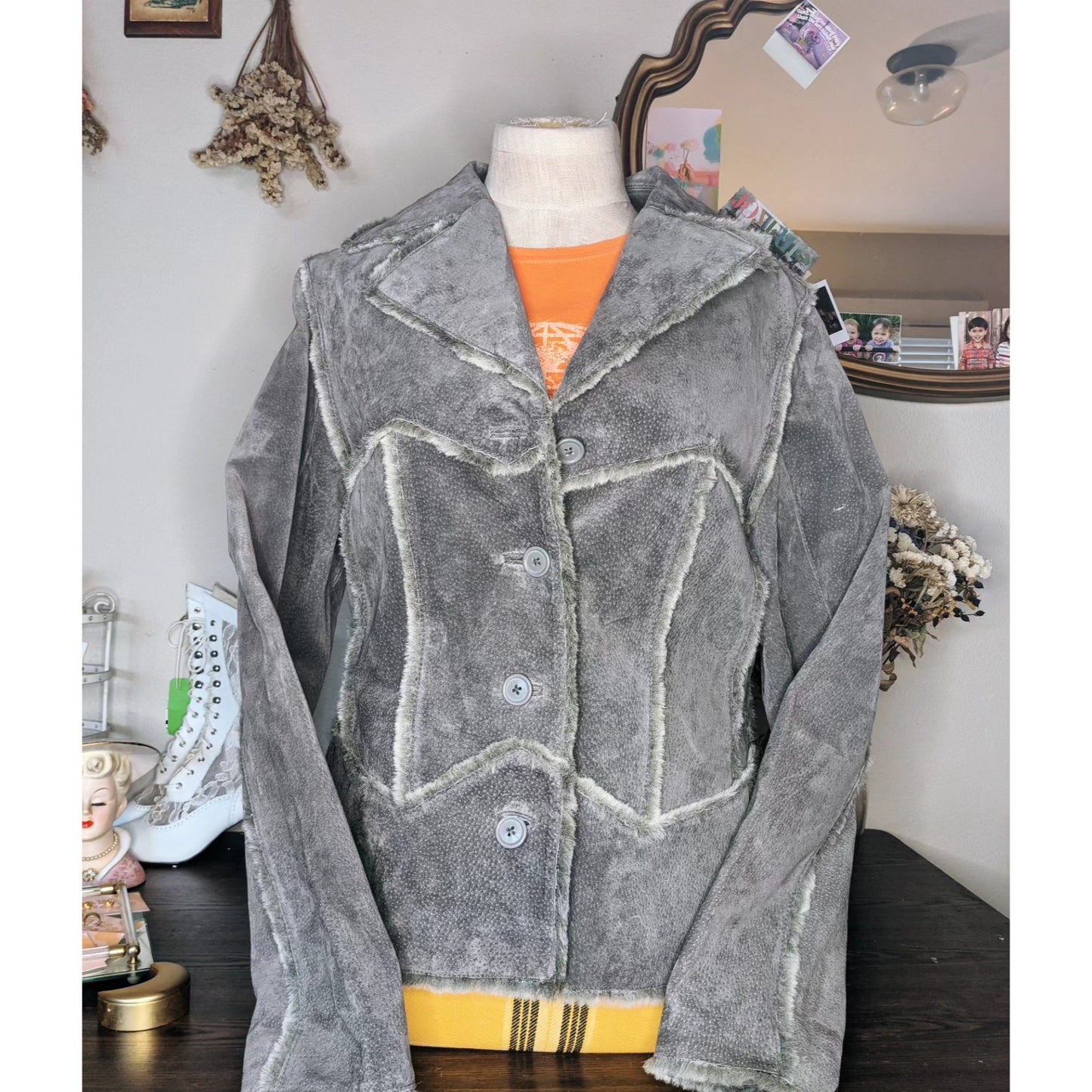 B. Lucid Grey Suede Patchwork Jacket