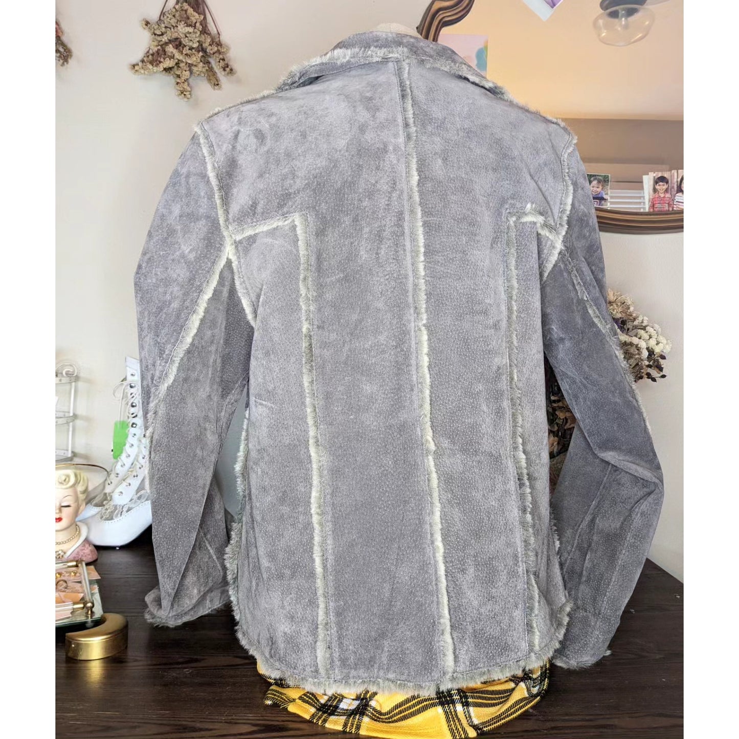 B. Lucid Grey Suede Patchwork Jacket