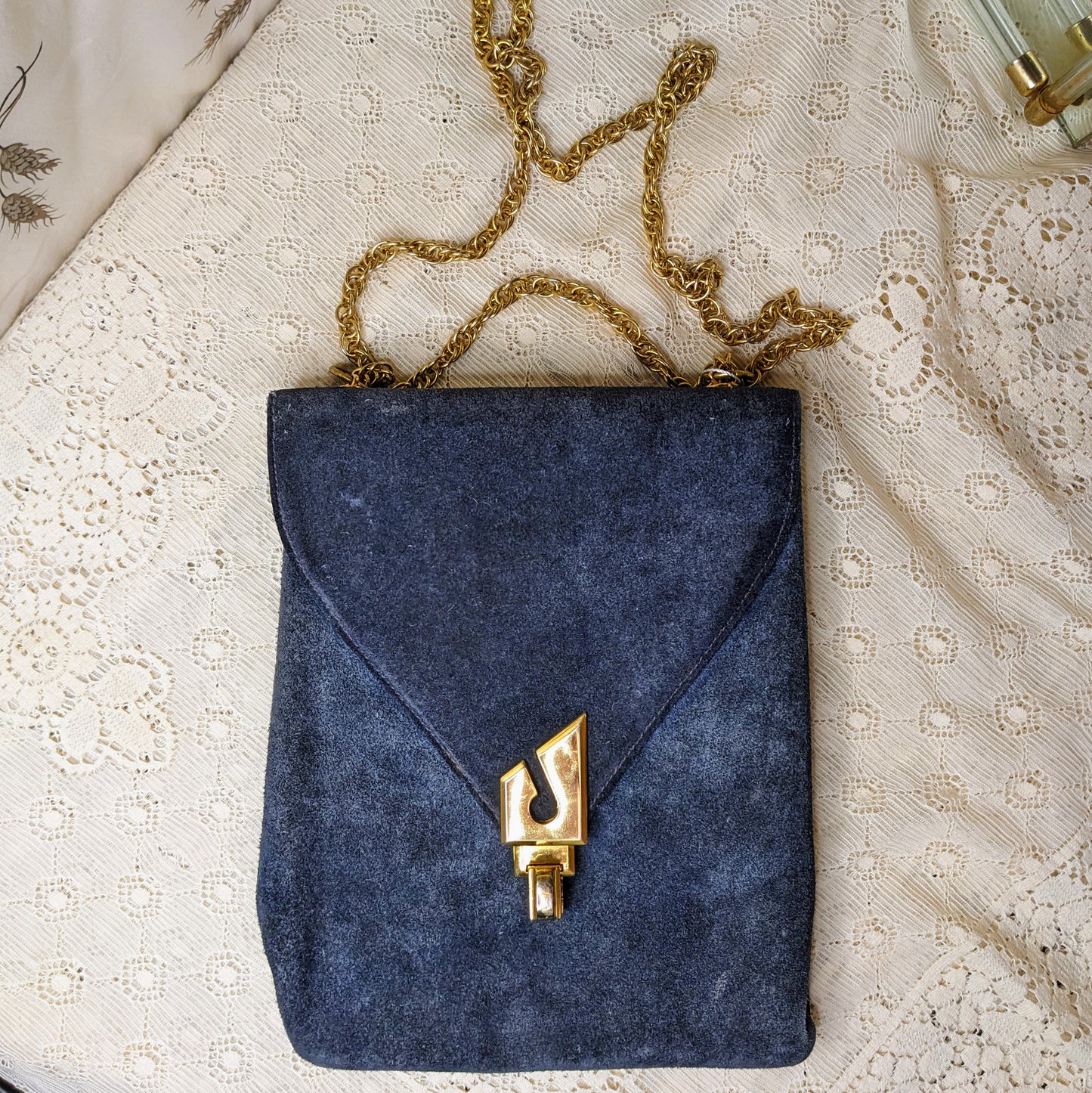 1980s Triangle New York Blue Suede Purse